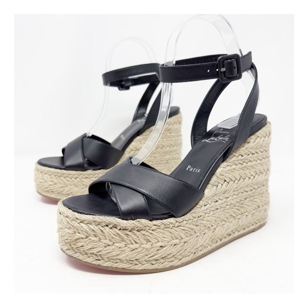 Christian Louboutin Black Leather Espadrille Platform Wedge Sandals